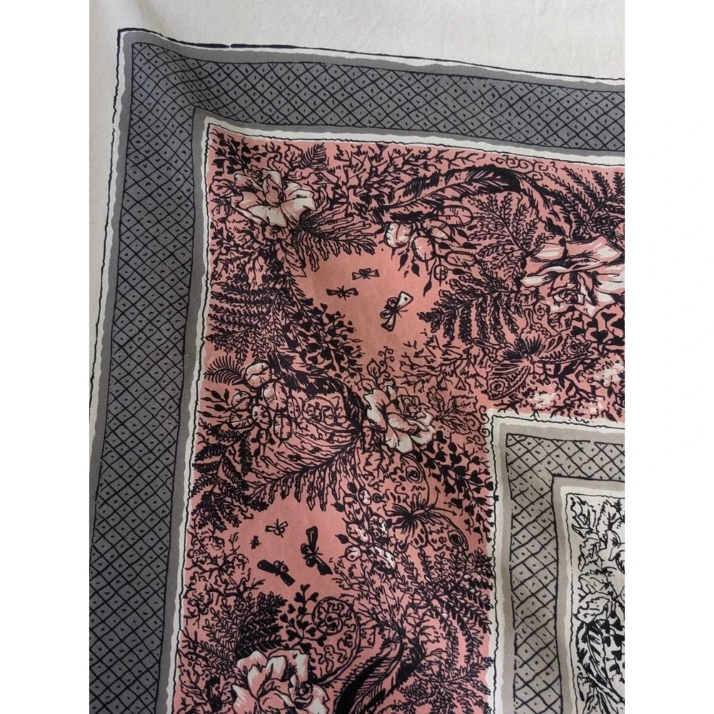 Vintage California Hand Prints Tablecloth Pink Gray Botanical Butterflies 1950s